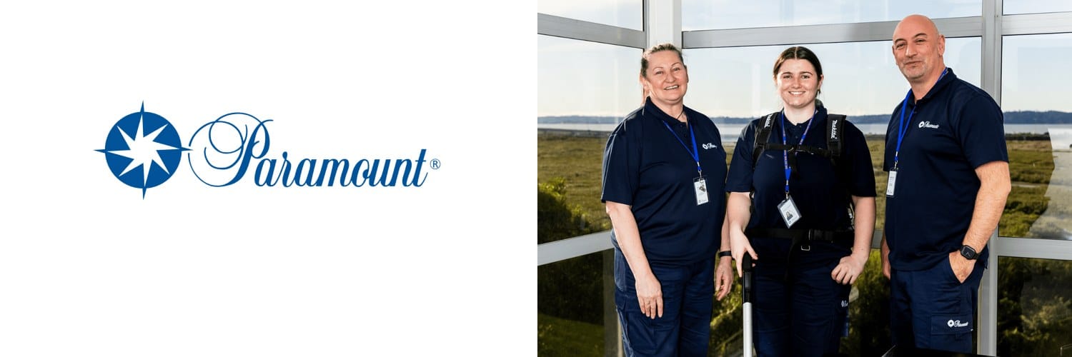 Paramount Cleaning - logo and cleaning team, commercial cleaners in Auckland