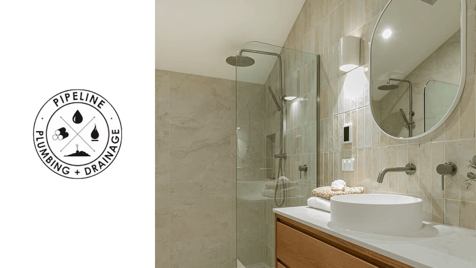 Pipeline Plumbing & Drainage - logo and renovated bathroom, plumbers in Auckland